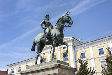 Fototapeta na wymiar Germany, Sigmaringen, upper Danube: Equestrian statue of Leopold, Prince of Hohenzollern (Fürst von Hohenzollern) in the city center of the ancient town