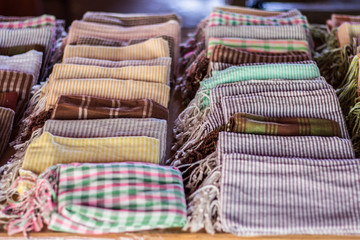 Textile Native, Colorful scarf and fabric souvenir silk weaving at small village Crafts. Siem Reap, Cambodia. 