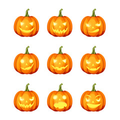 Vector set of nine jack-o'-lanterns (Halloween pumpkins) isolated on a white background.