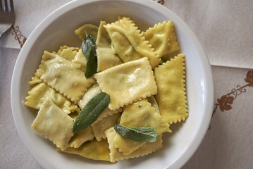 Ravioli pasta with butter and sage