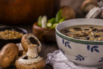 mushroom soup shot straight on close-up on wood boards with a copper pot loose mushrooms scallions hazelnuts landscape