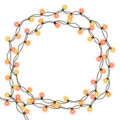 String purple garland  isolated on white background. Vector illustration of Christmas, New Year party decoration with transparency. Glowing light for card design. Lights border.