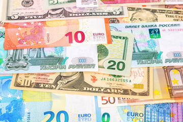 Money background from banknotes euro, american dollars and russian rubles