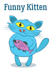 Funny Cartoon Blue Cat with Fish, Isolated on White Background. Vector