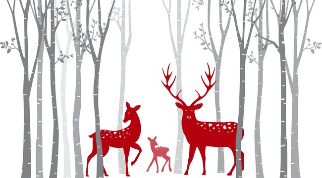 Red christmas deer with birch tree 