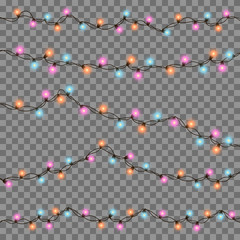 Vector illustration of Christmas, New Year lights isolated on background. Set of color string garlands. Realistic party decorations with transparency. Glowing light for holiday greeting card design.