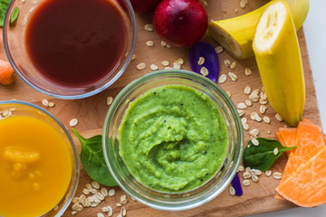 vegetable puree or baby food in glass bowls