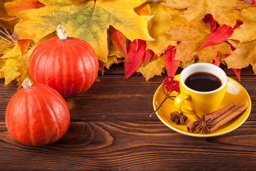 Autumn horizontal banner with yellow, red leaves, pumpkins, cup of coffee and guelder rose on brown wooden background.