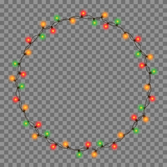 Christmas tree string garland in circle shape and text space isolated on dark background. Realistic Christmas, New Year party decorations with transparency. Light bulb decor. Lights border