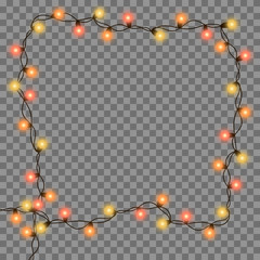 Vector illustration of Christmas, New Year lights isolated on background. Set of color string garlands. Realistic party decorations with transparency. Glowing light for holiday greeting card design.