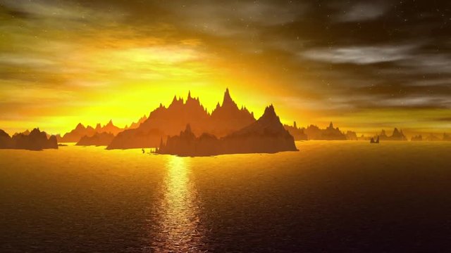 Draw a alien Planet. Landscape of stranger planet. Sea. Animation