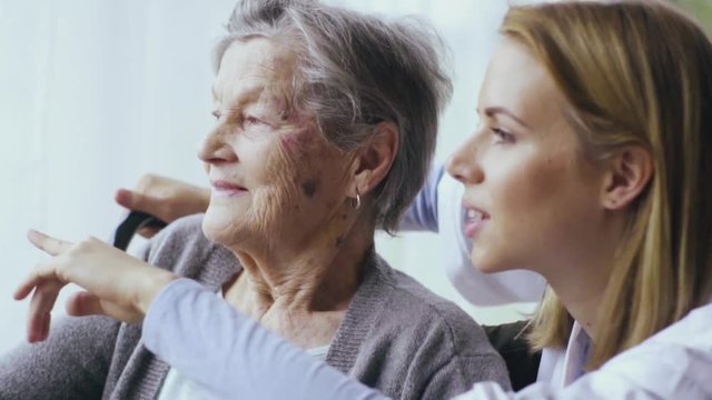 Health visitor and a senior woman during home visit.