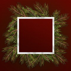 Merry Christmas and Happy New Year 2018 greeting card, watercolor illustration. Christmas background with xmas tree on red paper background. Space for text.