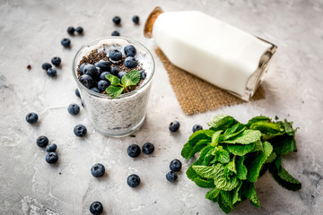 How to eat chia seeds. Dessert with yogurt, chia, blueberries and mint on grey background