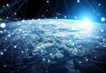 Global network and datas exchanges over the planet Earth 3D rendering