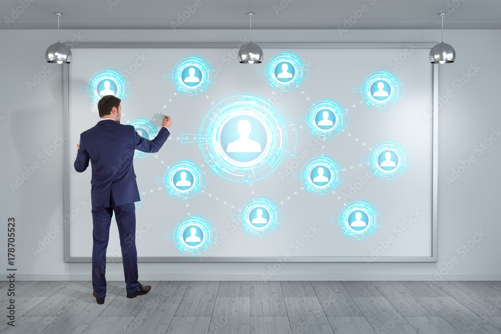 Poster Businessman using social network interface on a board 3D rendering