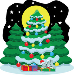Векторное изображение новогодняя с подарками и кот. На фоне луны и природы.