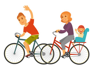 Sportive family rides bicycles with baby isolated illustration