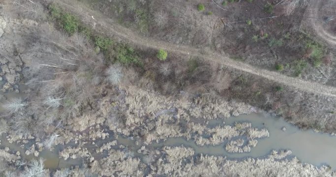 Aerial Drone footage over a swamp in the mountains