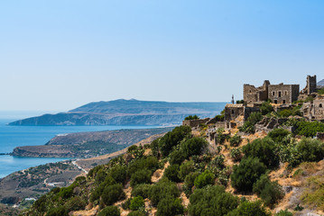 Naklejka na ściany i meble Hilltop town overlooking the Mediterranean sea in the Peloponnese, Greece.