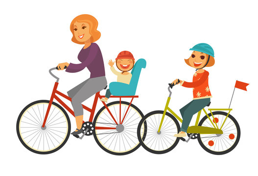 Mother together with children ride bicycles isolated illustration