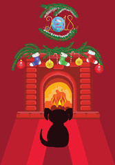 Векторное изображение собака перед камином. Новый год 2018.