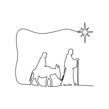 recommend clip art: Mary and Joseph journeying through the dessert with a donkey vector illustration black outlines, isolated on white background