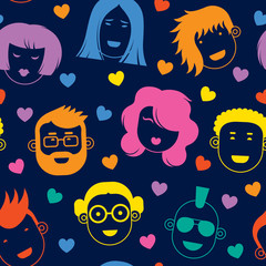 Face_flat4/The seamless pattern of human faces. Faces verbaut positive emotions.Vector flat design illustrations isolated on dark blue background.