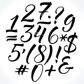 Brush lettering vector numbers and punctuation. Modern calligraphy, handwritten letters. Vector illustration.