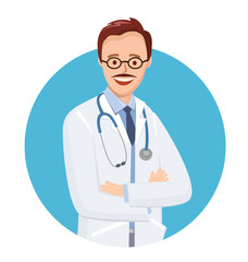 Fototapeta premium Doctor in blue circle on white background. Vector illustration medic in flat style. Doctor with glasses and a mustache. On the neck of a stethoscope.