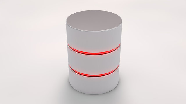 database icon with red stripes glowing,isolated on white. 3d render