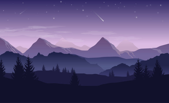 Blue and purple landscape with silhouettes of mountains, hills and forest and stars in the sky - vector illustration © Kateina