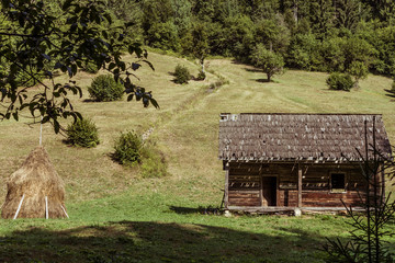 Fototapeta na wymiar Small hut on grassland in beautiful Romania country at Rodna mountain area.