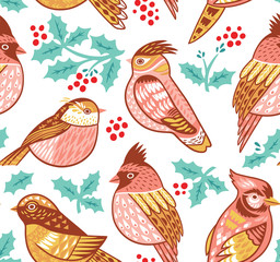 Seamless vector pattern with decorative birds and holly leafs