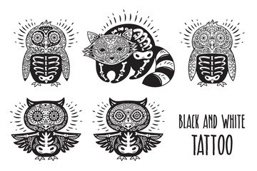 Fototapeta premium Sugar skulls black and white. Tattoo vector illustration