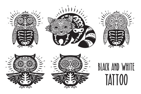 Sugar skulls black and white. Tattoo vector illustration