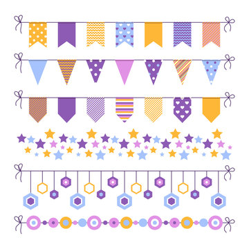 Set of bounting flags, stars and circles decorative elements on white background. Collection for birthday greeting cards and scrapbooking. Vector illustration