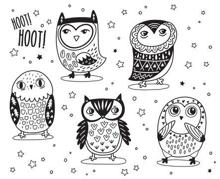 Set of cute cartoon owls with ethnic ornament in outline