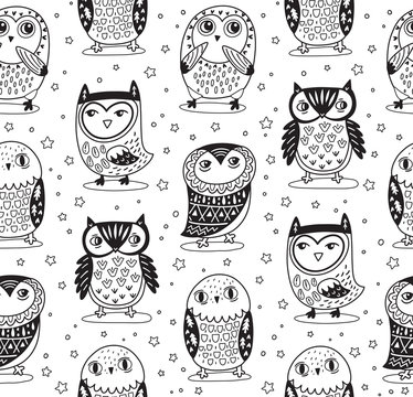 Vector seamless pattern with cartoon owls in outline. Coloring print