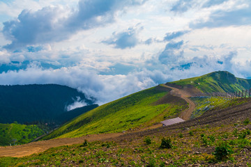 Fototapeta premium Aerial view of mountainside, valley and clouds from the top of mountain in Rosa Khutor, Russia