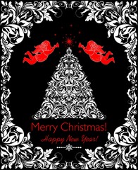 Graficzna Ilustracja Świąteczna - Piękny świąteczny plakat z drzewkiem, aniołami i ozdobną obwódką