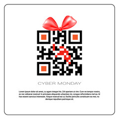 Cyber Monday Sale Poster With Qr Code And Ribbon Bow On White Background Holiday Online Shopping Poster Design Vector Illustration