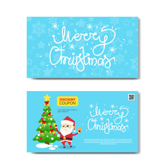Discount Coupon Design Voucher With Santa And Green Tree Fluer For Present On Merry Christmas And Happy New Year Isolated Flat Vector Illustration