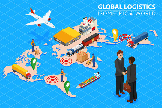Global logistics network Flat 3d isometric vector illustration Set of air cargo trucking rail transportation maritime shipping. Business concept agreement and cooperation.