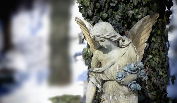 Vintage image of a sad angel on a cemetery. Ancient statue.