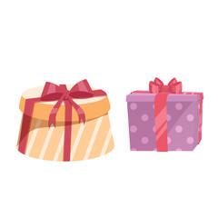Cartoon trendy design vintage gift box set. Yellow round box with red ribbon and pink dotted box.