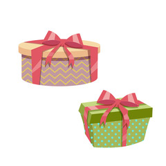 Cartoon trendy design vintage gift box set. Yellow round box with red ribbon and green dotted box.
