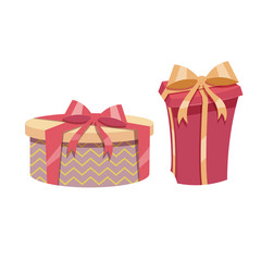 Cartoon trendy design vintage gift box set. Yellow round box with red ribbon and red box.