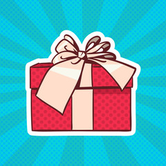 Gift Box Pop Art Retro Style Of Realistic Present With Ribbon And Bow On Dots Background Vector Illustration
