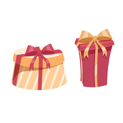 Cartoon trendy design vintage gift box set. Yellow round box with red ribbon and red box.